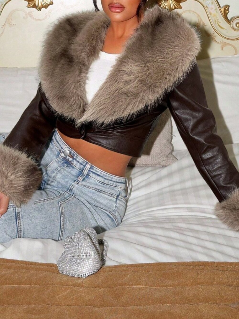 Chocolate Brown Casual Women's Faux Fur Collar Zipper Crop Faux Leather Jacket